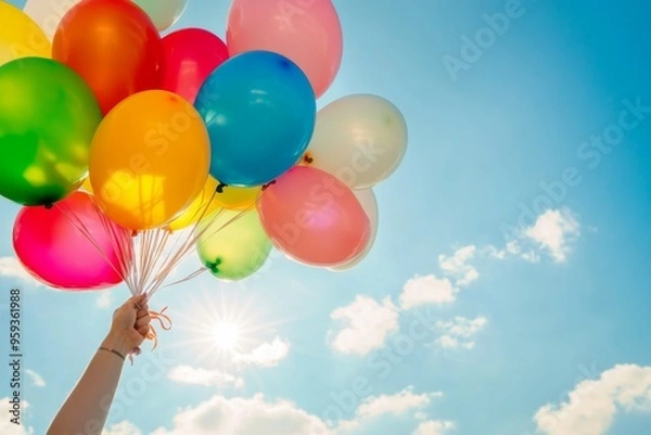 Fototapeta Colorful Balloons Floating in the Sky with Sunlight and Blue Skies, Evoking Joyful Celebrations and Festive Moments