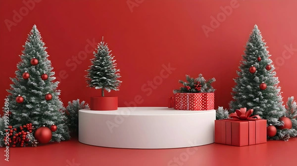Fototapeta Red Christmas scene with a white podium, a red present box, a small Christmas tree and two large Christmas trees.