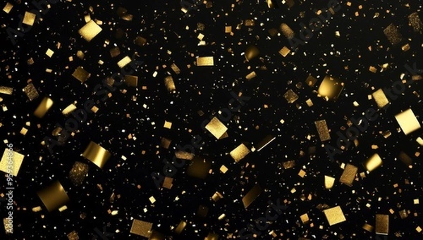 Obraz Golden confetti falling against a black background, with varying sizes and shapes of glittery particles creating a shiny and festive effect.