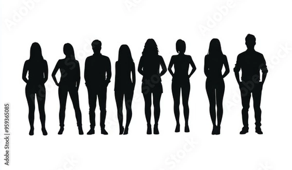 Fototapeta Silhouette of a diverse group of people standing together, including both male and female figures, in a black vector illustration on a white background. Ideal for representing a business team or group