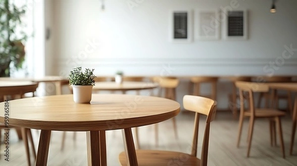 Obraz Empty wooden tables and chairs in coffee shop with white wall and floor : Generative AI