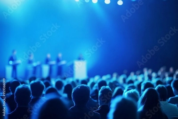 Fototapeta Audience at an event watching presenters on stage, with blue hues and a blurred background, creating depth. Web banner with copy space on the right side.