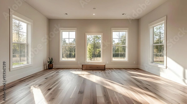 Fototapeta Spacious empty room with large windows, hardwood floors, and natural light streaming in.
