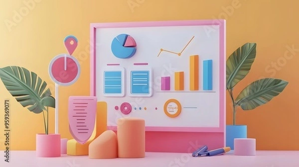Fototapeta Colorful 3D charts and graphs showcase modern data visualization against a vibrant background, ideal for business and marketing use.
