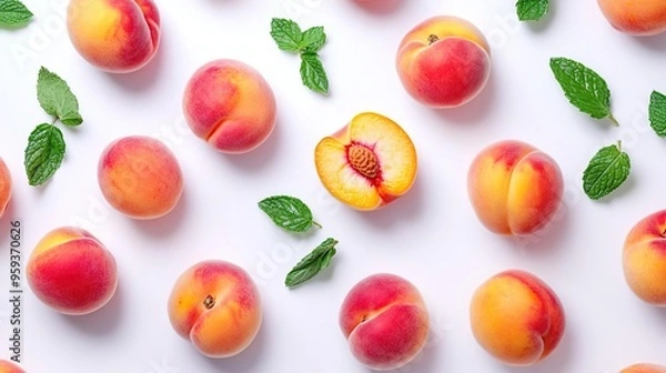 Obraz Fresh peaches arranged with mint leaves, showcasing vibrant colors and textures.