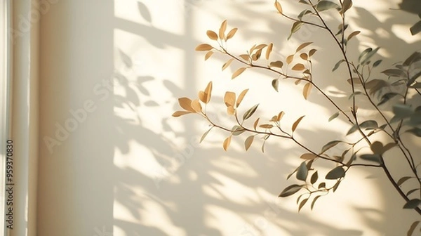 Fototapeta Natural window brown tan color shadow overlay on clean minimal light white background : Generative AI
