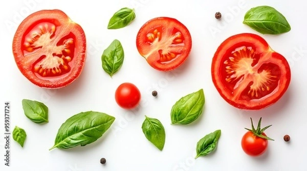 Obraz Vibrant arrangement of juicy tomato slices, half-cut tomato, and tiny tomatino adorned with fresh green basil leaf on pristine white background.