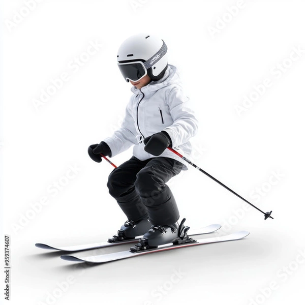 Fototapeta Young child skiing with full winter gear, isolated on a white background, perfect for winter sports and outdoor activity content.