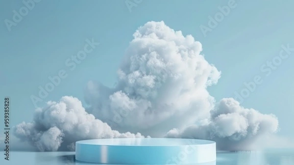 Fototapeta A light blue, cylindrical podium sits on a reflective surface in front of a backdrop of white fluffy clouds.
