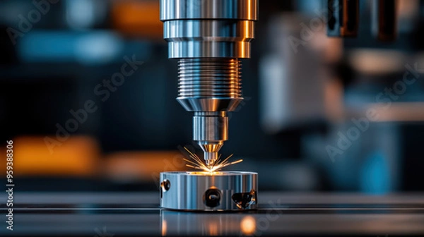 Fototapeta Detailed view of a CNC machine in action, producing sparks as it drills metal in a manufacturing process.