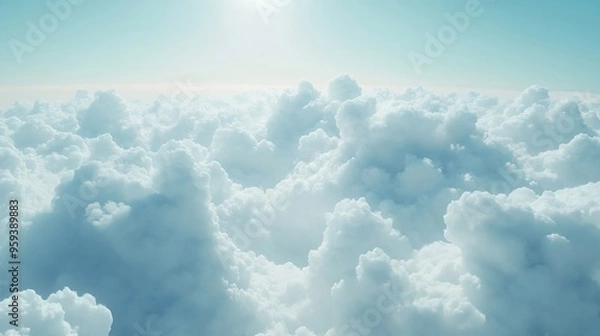 Fototapeta White and grey cumulus clouds floating in sunny sky after storm with natural sunlight Dramatic cloudscape fluffy cloudy scene outdoor environment Abstract nature background Freedom con : Generative AI