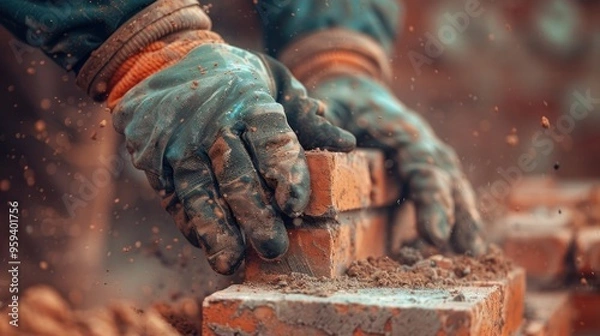Obraz Construction Worker Laying Bricks