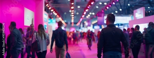 Obraz Exhibition expo event trade fair hall with busy bustling people walking to conferences in a modern hall crowded business people with a bokeh effect. Generative AI
