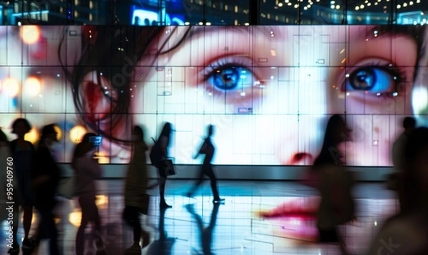 Obraz Exhibition expo event trade fair hall with busy bustling people walking to conferences in a modern hall crowded business people with a bokeh effect. Generative AI

