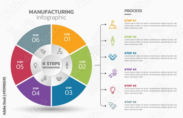 Fototapeta Visual data presentation. Cycle diagram with 6 options. Pie Chart Circle infographic template with 6 steps, options, parts, segments. Business concept. Editable pie chart with sectors. Single layer.