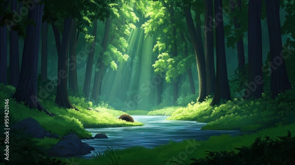 Fototapeta Sunbeams shining through dense forest trees onto a flowing river with a grassy cave entrance in the distance.