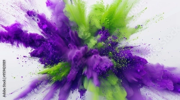 Fototapeta A vibrant explosion of purple and green powder paint bursts against a white background, creating abstract patterns and dynamic shapes
