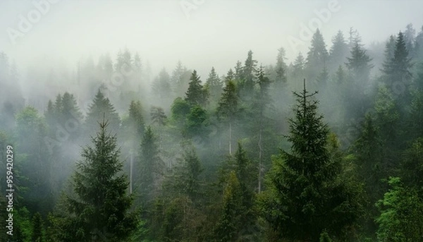 Fototapeta 森 霧 木々 緑 自然 静けさ 大気 湿気 針葉樹 林 生態系 野生 環境 トランク 木立 風景 神秘的 静寂 露