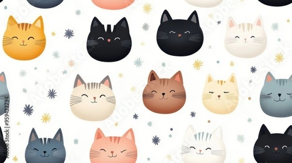 Fototapeta A playful pattern featuring adorable cartoon cats in various colors against a light background, perfect for pet lovers and decor.