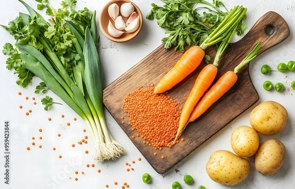 Fototapeta Vegetarian set of raw vegetables on wooden cutting board on light background