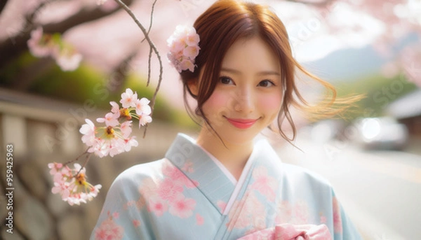 Obraz 桜・着物の女性