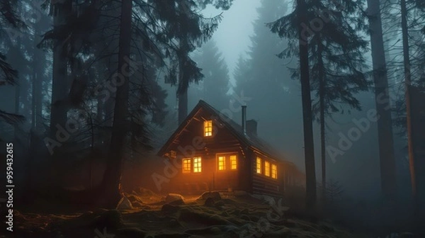 Fototapeta A small cabin with glowing windows sits in the middle of a dark foggy forest.