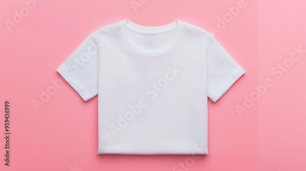Obraz Simple white t-shirt laid flat on a pastel pink background, showcasing textile quality and design for clothing displays and fashion purposes.