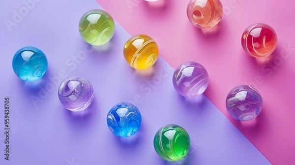 Fototapeta marbles for children to play with multicolored glass balls isolated on purple and pink background