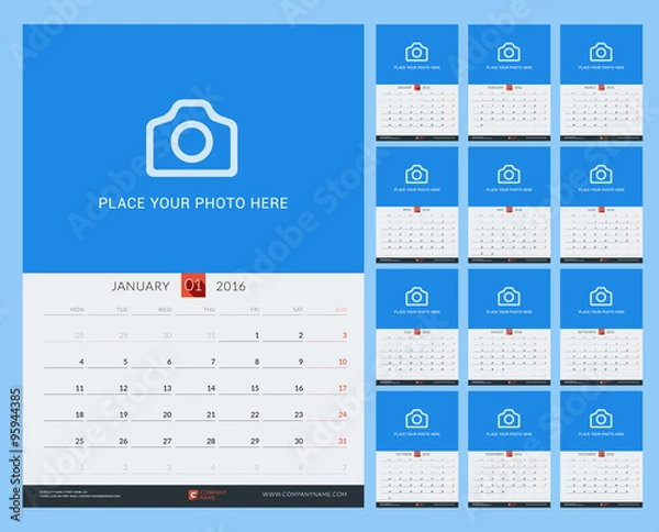 Fototapeta Wall Monthly Calendar for 2016 Year. Vector Design Print Template with Place for Photo. Week Starts Monday. Portrait Orientation. Set of 12 Months