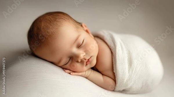 Fototapeta Gentle Serenity - Peaceful Newborn in Swaddle with Soft Natural Lighting and Minimalist Setup