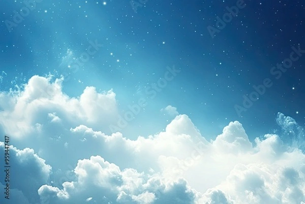 Fototapeta A serene sky captured with fluffy clouds and twinkling stars, evoking feelings of tranquility and wonder in a bright atmosphere.
