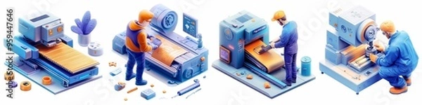 Fototapeta Technicians using advanced industrial machinery for precision manufacturing tasks, focusing on quality control and machine operations.