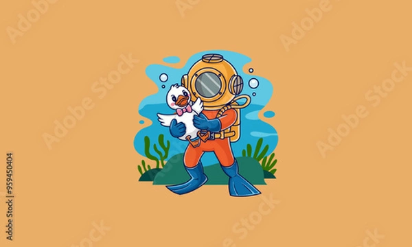 Fototapeta Diver holding a cute duck underwater with seaweed background.
