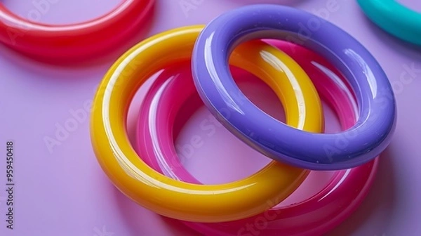 Fototapeta Multi colored plastic rings for learning on the playground isolated on purple and pink background