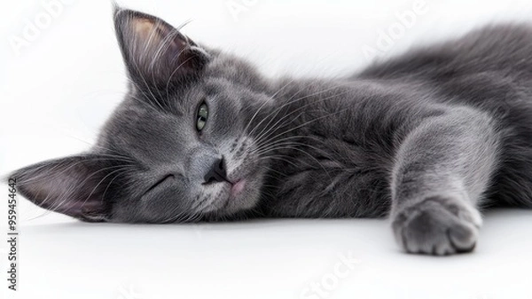 Fototapeta A relaxed gray kitten resting peacefully on a soft surface, showcasing its adorable features and playful personality.