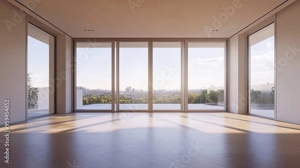Fototapeta Empty Room with Large Windows and City View