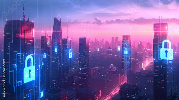 Fototapeta Futuristic cyber city with floating padlock icons symbolizing digital security
