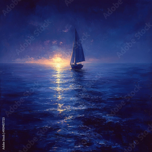Fototapeta A sailboat glides across the calm blue water at sunset, with the sun setting in the distance.