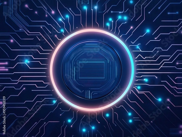 Fototapeta A futuristic digital circuit design featuring glowing elements and a central circular motif, perfect for technology themes.