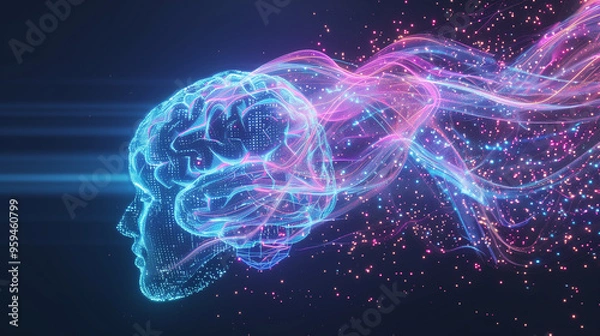 Fototapeta Digital neural network representation of a glowing brain with particle effects