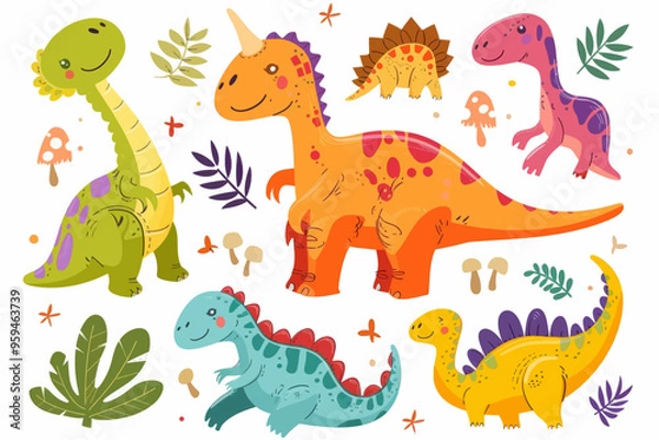 Fototapeta Colorful cartoon dinosaurs and prehistoric creatures in a lush jungle setting