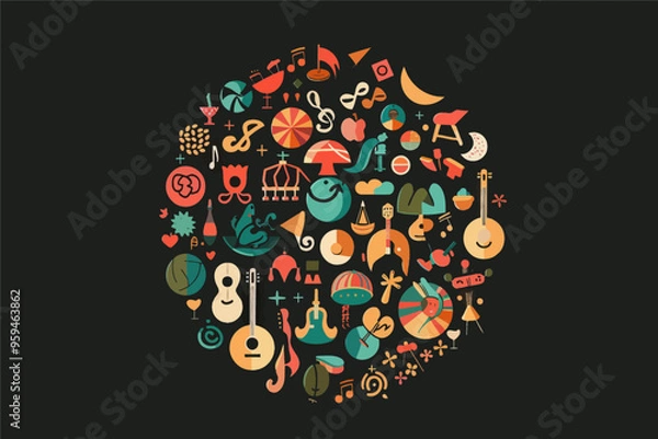 Fototapeta Colorful Collection of Musical Instruments and Symbols