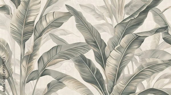Obraz 07250736 167. A refined wallpaper design showcasing a blend of tropical leaves in muted shades of grey, ivory, and sand; the subtle contrast of the neutral colors adds depth and texture to the
