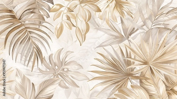 Obraz 07250736 168. An elegant tropical wallpaper pattern with an assortment of palm and monstera leaves in various shades of neutral colors, including off-white, light brown, and pale grey; the delicate