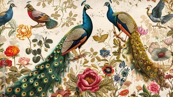 Obraz 07250736 187. A vintage-style fine art canvas with a hand-painted depiction of colorful peacocks and various birds surrounded by an array of flowers and foliage; the illustration is rich in detail