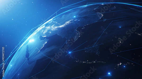 Fototapeta Abstract digital planet Earth with glowing global network connections, blue frosted glass and white acrylic elements, set against a clean dark background. High-detail 8K rendering with data visualizat