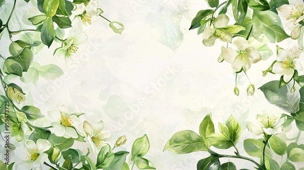 Fototapeta 07250736 208. A detailed watercolor painting of jasmine flowers and green leaves forming a frame around a light, airy background, evoking a sense of freshness and new beginnings in spring