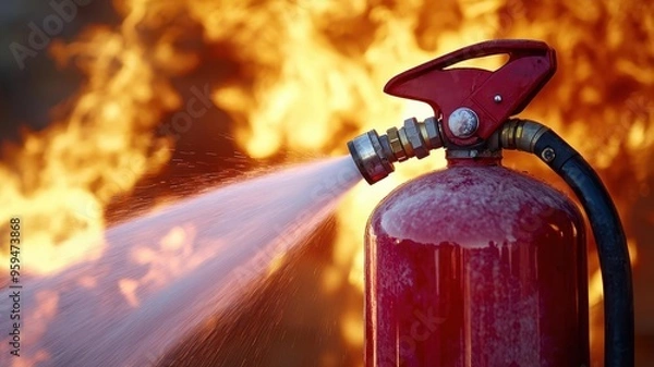Fototapeta Closeup of fire extinguisher being discharged, fire station emergency scenario, intense flames