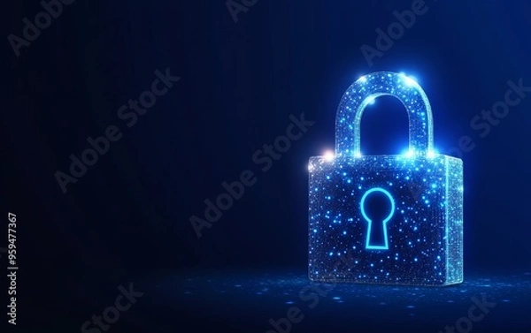 Fototapeta A glowing, polygonal padlock on a blue background, symbolizing digital security and data protection.