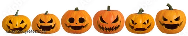 Obraz Group of 3D isolated Halloween Pumpkin with face cutout and transparent background
